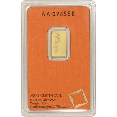 2.5 gram Gold Bar - Valcambi Suisse - 999.9 Fine in Sealed Assay