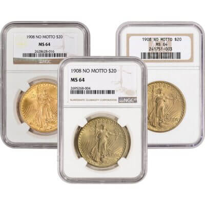US Gold $20 Saint-Gaudens Double Eagle NGC MS64 1908 No Motto Random Label
