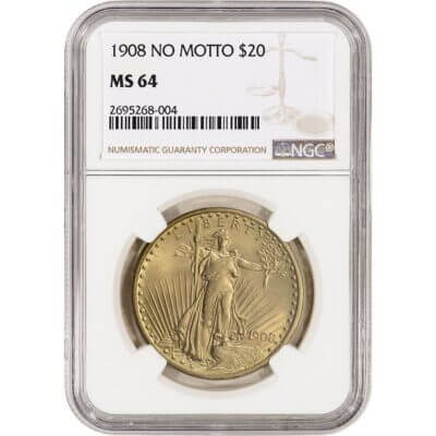 US Gold $20 Saint-Gaudens Double Eagle - NGC MS64 - 1908 No Motto