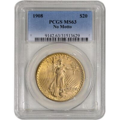 US Gold $20 Saint-Gaudens Double Eagle - PCGS MS63 - 1908 No Motto