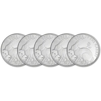 FIVE (5) 1 oz Highland Mint Silver Round Lunar Year of the Rabbit .999 Fine