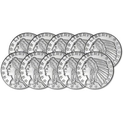 TEN (10) 1 oz. Golden State Mint Silver Round Incuse Indian .999 Fine