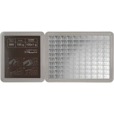 100 gram Silver Bar - Valcambi 100x1 Gram Silver CombiBar with Assay Card