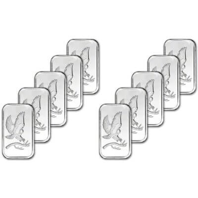 TEN 1 oz. SilverTowne Silver Bar - Bald Eagle Design - 999 Fine