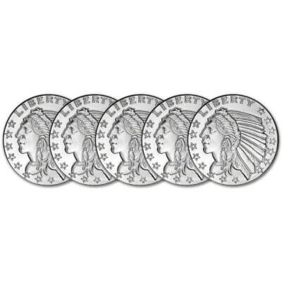 FIVE (5) 1 oz. Golden State Mint Silver Round Incuse Indian .999 Fine