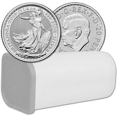 2025 Great Britain Silver Britannia 1/4 oz 50 Pence BU 1 Roll 19 Coin Tube