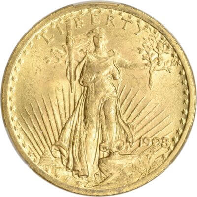 US Gold $20 Saint-Gaudens Double Eagle - CAC MS62 - 1908 No Motto