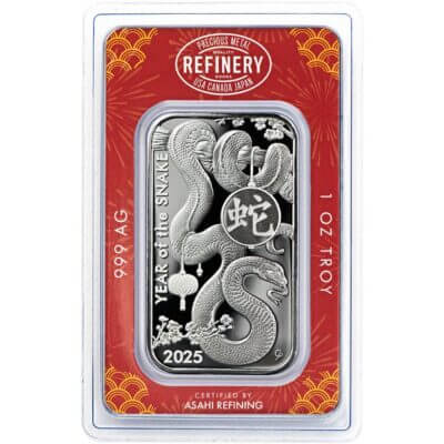 1 oz Silver Bar - Asahi Refining - Lunar Snake .999 Fine in Sealed Assay