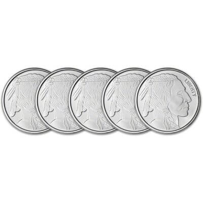 FIVE 1 oz. SilverTowne Silver Round - Buffalo Design - 999 Fine