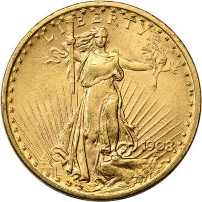US Gold $20 Saint-Gaudens Double Eagle PCGS MS65 1908 No Motto Random Label