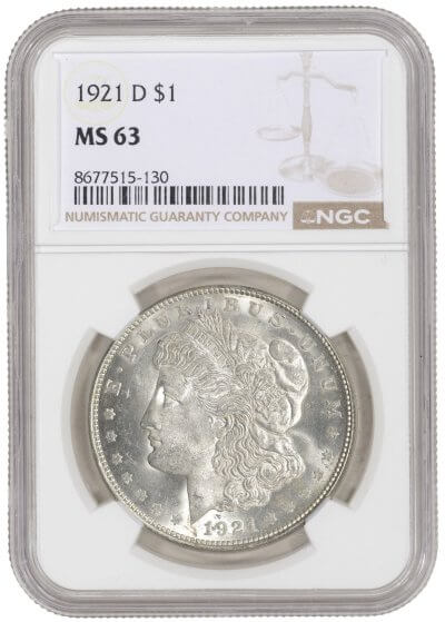 1921 D US Morgan Silver Dollar $1 - NGC MS 63