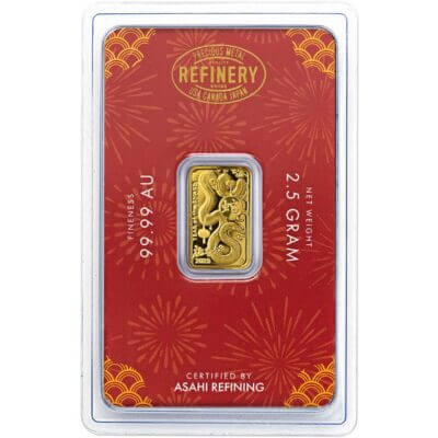 2.5 gram Gold Bar Asahi Refining Lunar Snake .9999 Fine in Sealed Assay