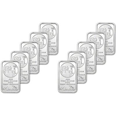 TEN 5 oz. SilverTowne Silver Bar - Trademark Prospector Design - 999 Fine