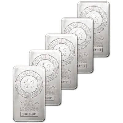 FIVE (5) 10 oz. RCM Silver Bar - Royal Canadian Mint .9999 Fine