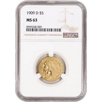 US Gold $5 Indian Head Half Eagle - NGC MS63 - Random Date