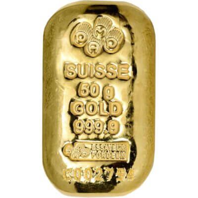 50 gram Gold Bar - PAMP Suisse - Poured - 999.9 Fine with Assay