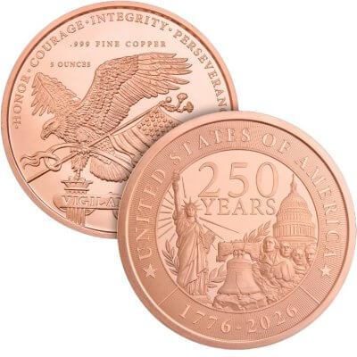 5 oz. Golden State Mint Copper Round - American 250th Anniversary .999 Fine