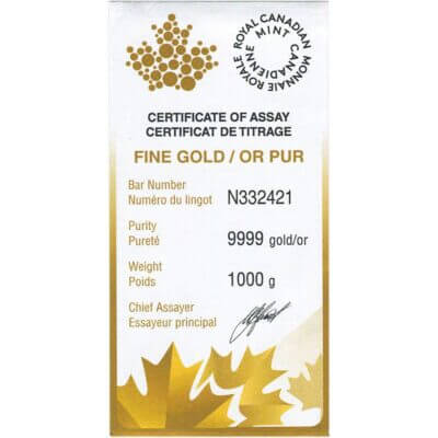 Kilo 32.15 oz Gold Bar RCM Royal Canadian Mint .9999 Fine with Assay Certificate