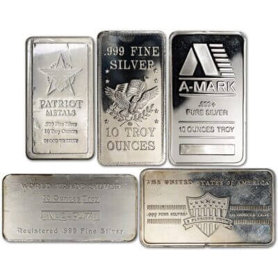 TEN (10) 10 oz. Silver Bar - Random Brand - Secondary Market - .999 Fine