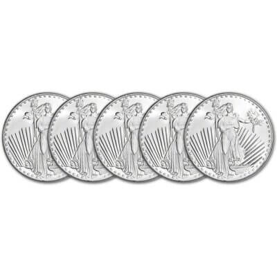 FIVE (5) 1 oz. Silvertowne Silver Round Saint-Gaudens Design .999 Fine Silver