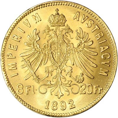 1892 Austria Gold 8 Florin/20 Francs .1867 oz - Franz Joseph I - AU - Restrike