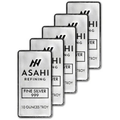 FIVE (5) 10 oz Silver Bar - Asahi Refining .999 Fine