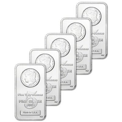FIVE (5) 5 oz. Highland Mint Silver Bar - Morgan Dollar Design .999+ Fine