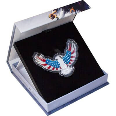 2 oz PAMP Suisse Silver Bald Eagle Shaped Colored Coin $5 in Gift Box