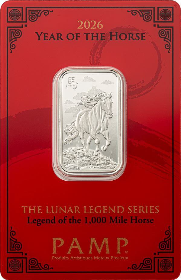 10 gram Silver Bar - PAMP Suisse - Lunar Legends Horse .999 Fine in Assay
