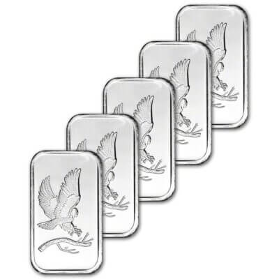 FIVE 1 oz. SilverTowne Silver Bar - Bald Eagle Design - 999 Fine