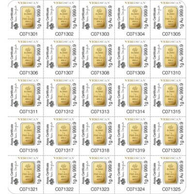 25x1 gram Gold Bar - PAMP Suisse - Fortuna - 999.9 Fine in Sealed Assay