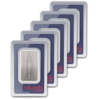 FIVE (5) 1 oz Silver Bar Valcambi Suisse Skyline .999 Fine in Sealed Assay Card