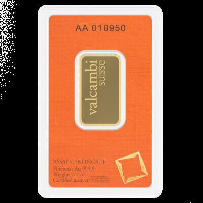 0.5 oz (1/2 oz) Gold Bar - Valcambi Suisse - 999.9 Fine in Assay