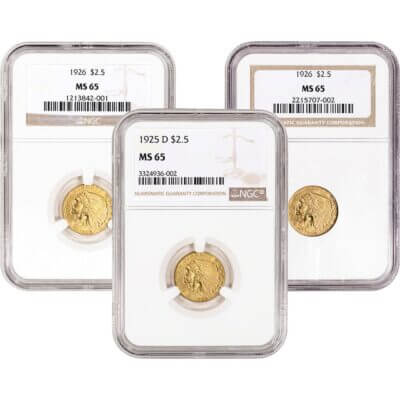 US Gold $2.50 Indian Head Quarter Eagle - NGC MS65 - Random Date and Label