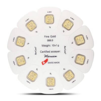 10 x 1 gram Gold Bar - Argor Heraeus Goldseed - 999.9 Fine in Dispenser