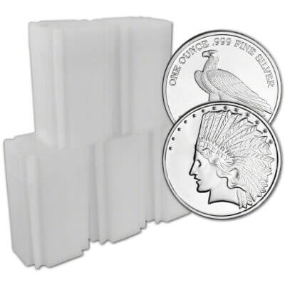 100 1 oz SilverTowne Silver Round $10 Indian Design 999 Fine  5 Tubes of 20