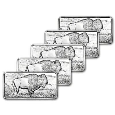 FIVE (5) 10 oz. Highland Mint Silver Bar - Buffalo Design .999 Fine