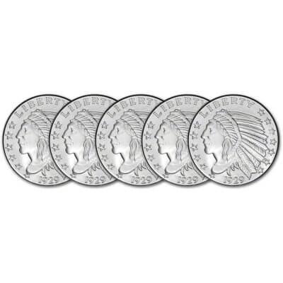 FIVE (5) 2 oz. Golden State Mint Silver Round Incuse Indian .999 Fine