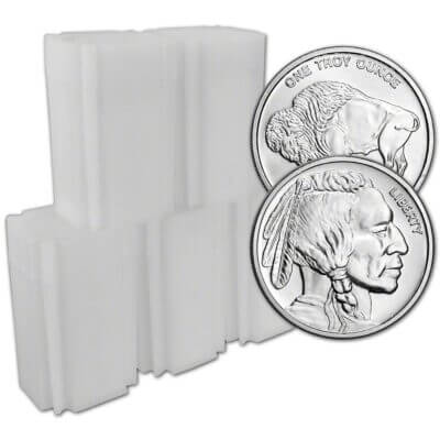 100-pc 1 oz Silver Round CNT Buffalo Design .9999 Fine 5 Tubes of 20