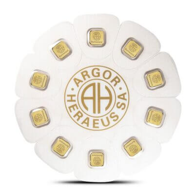 10 x 1 gram Gold Bar - Argor Heraeus Goldseed - 999.9 Fine in Dispenser