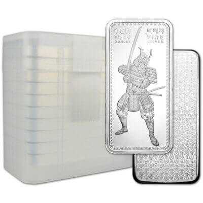 TEN (10) 10 oz. Golden State Mint Silver Bar Samurai .999 Fine