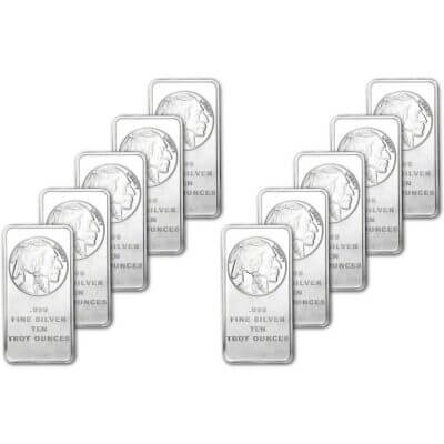 TEN 10 oz. SilverTowne Silver Bar - Buffalo Design - 999 Fine