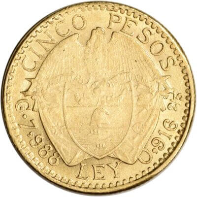 Colombia Gold 5 Pesos .2355 oz - AU/BU - 1913 - 1919 - Stonecutter