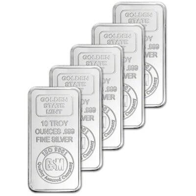 FIVE (5) 10 oz. Golden State Mint Silver Bar - .999 Fine