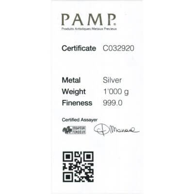 Kilo 32.15 oz Silver Bar - PAMP Suisse .999 Fine with Assay Certificate