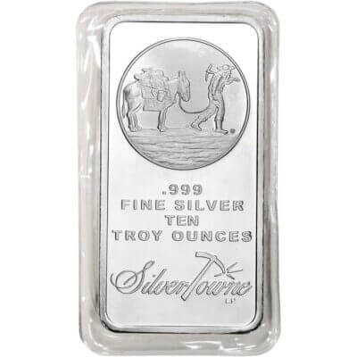 10 oz. SilverTowne Silver Bar - Trademark Prospector Design - 999 Fine