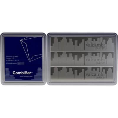3 oz Valcambi 3x1 oz Silver Skyline CombiBar with Assay Card