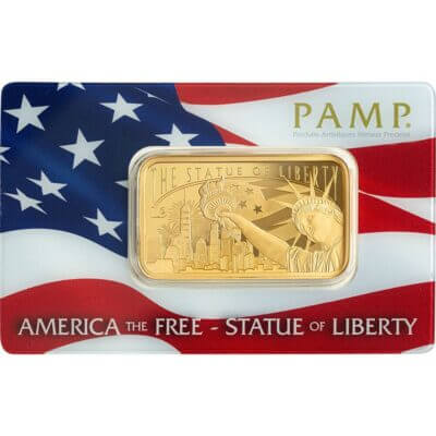 1 oz Gold Bar PAMP America the Free Statue of Liberty 999.9 Fine in Sealed Assay