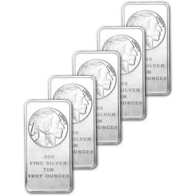 FIVE 10 oz. SilverTowne Silver Bar - Buffalo Design - 999 Fine