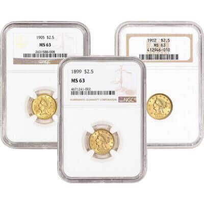 US Gold $2.50 Liberty Head Quarter Eagle - NGC MS63 - Random Date and Label